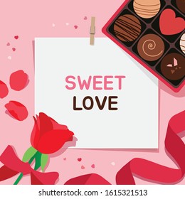 Valentine's Day background. Box of chocolate, confetti, petal and a rose tied with a red ribbon on pastel pink background with clipped paper card. Copy space. Flat lay top view composition.