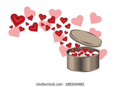 Fondo del Día de San Valentín con la caja y corazones rojos. Plantilla de ilustración de vector.