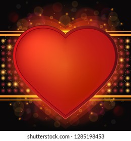 Valentines Day background with bright heart on luxury black texture. Vector illustration