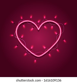 Valentine`s day background with bright lights. Valentines Day card with Glowing lights heart.  Ready for your design, greeting card, banner. Vector illustration.