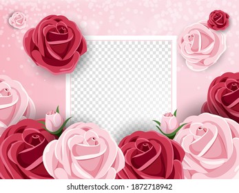 Valentine's Day background with bunch of roses isolated on transparent photoframe. Vector illustration