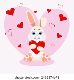 Valentines day background card with bunny. Happy Holiday brochure in cute red style. Valentine flyer template. Stock vector illustration