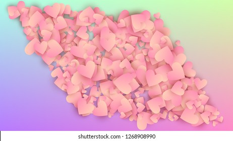 Valentine's Day Background. Card Template. Heart Confetti Pattern. Many Random Falling Beautifull Hearts on Hologram Backdrop. Vector Valentine's Day Background.