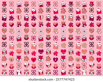 Valentine's Day background. For cards, posters, and banners. Happy Valentine's Day Design, Pattern. With Hearts, Flowers and Valentine's card. Crafting paper, wrapping material, and stickers.