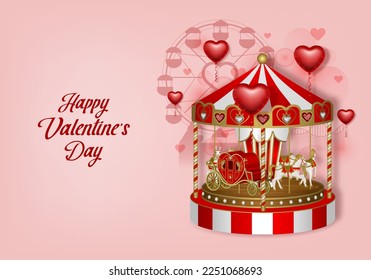 Valentinstag-Hintergrund mit Karussell und herzförmigen Ballons. 