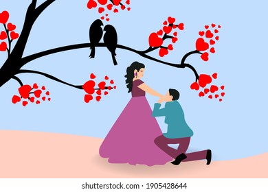 valentines day background with day cartoon style boy proposing to girl  and typography of happy valentines day text . Vector illustration. Wallpaper, flyers, invitation, posters, brochure, banners.
