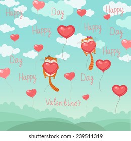 Valentine's Day background with cats.Two cats flying on balloons. Vector illustration.