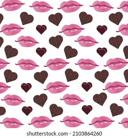 Valentine's Day background. Chocolate heart, lips. Love Poster. For the design of fabric, wrapping paper, wallpaper. Vector illustration.