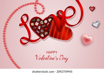 Valentine's day background with chocolates box, red ribbon and hearts