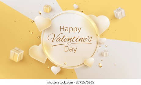 Valentines Day background with circle frame and golden lines and realistic heart shape elements.