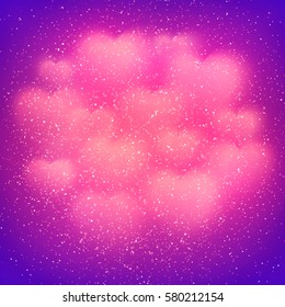 Valentines Day background with cloud of glowing blurred bokeh hearts and glitter confetti. Pink and violet decorative light backdrop for wedding, romantic cards design. Colorful vector illustration.