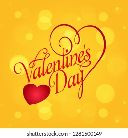 Valentine's day background with colourful red heart on yellow pattern love line art symbols. Sketch. Happy Valentine day 14th of February - Handwritten motivational quote. 