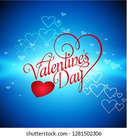 Valentine's day background with colourful red heart on blue pattern love line art symbols. Sketch. Happy Valentine day 14th of February - Handwritten motivational quote. 