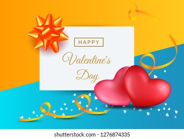 Valentines day background concept. Couple red hearts, golden gift bow and ribbon, calligraphy happy valentines day text on white square frame. Template design for greeting card, banners, posters
