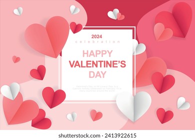 Valentine's Day Background Concept. Red and pink paper hearts with white square frame. Cute love sale banner or greeting card. Vector illustration eps 10