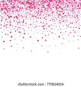Valentines Day background. Confetti hearts petals falling. Heart shapes isolated on white background. Love concept. Vector illustration. 