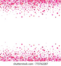 Valentines Day background. Confetti pink hearts petals falling. Heart shapes isolated on transparent background. Love concept. Vector illustration