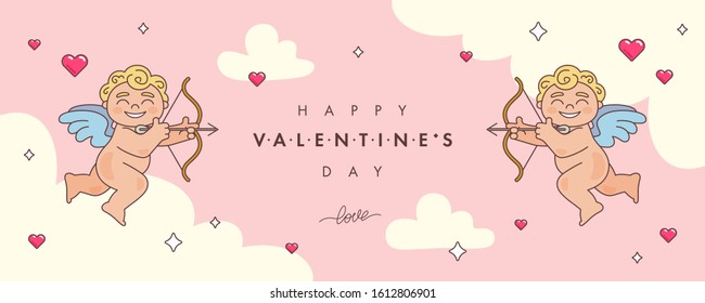 Valentines day background, contain cupid holding arrow, pink hearts and clouds. Happy Valentine's Day text in middle. Vector illustration