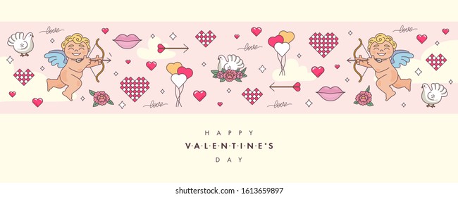 Valentines day background, contain cupid holding arrow, pink hearts, flowers, lips, pigeons and clouds. Happy Valentine's Day text in middle. Vector illustration