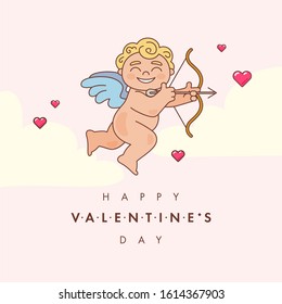 Valentines day background, contain cupid holding arrow, pink hearts and clouds. Happy Valentine's Day text in middle. Vector illustration