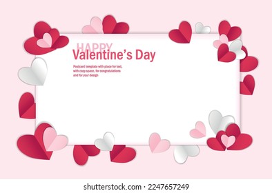 Fondo de San Valentín con espacio de copia, ilustración vectorial. 3 d corazones rojos, rosados, blancos con fondo rosado, pancarta. tarjeta de San Valentín