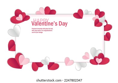 Valentines day background with copy space, vector illustration. 3d red, pink, white colors hearts on white background, banner. Valentines day card