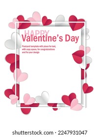 Valentines day background with copy space, vector illustration. 3d red, pink, white colors hearts on white background, banner. Valentines day card