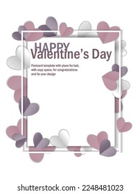 Valentines day background with copy space, vector illustration. 3d, pink, gray, white colors hearts on white background, banner. Valentines day card
