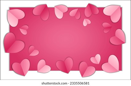 Valentines day background with copy space, vector illustration. 3d red, pink, white colors hearts on pink background, banner. Valentines day card