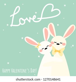 Valentine's day background of a couple of cute rabbits with Love text and Happy Valentine's Day text on light green background with tiny stars. Valentines day greeting card or banner.