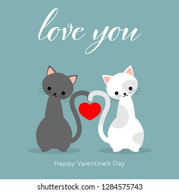 Valentine's Day background of a couple of cute cats with red heart on light blue background with Love you and Happy Valentine's Day text. ​Concept of love and Valentine day. Vector illustration.