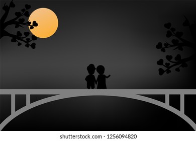 Valentine's day background. A couple dating at the bridge in the night with full moon. vector illustration, couple scenery. with love tree with heart shape leaf