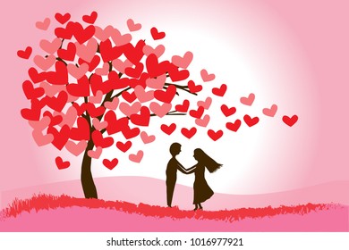 Valentine's Day background with a  couple hold hands silhouette, heart shaped tree Vector.