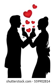 valentines day background with a couple silhouette sharing glass of champagne