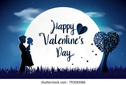 Valentines day background. Couple standing with moon concept romantic love. Night scene. paper cut and art origami style