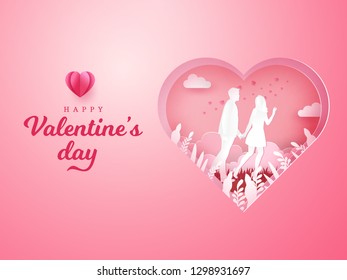 Valentine's Day background. couple walking and holding hands with carved heart background. paper cut style vector illustration
