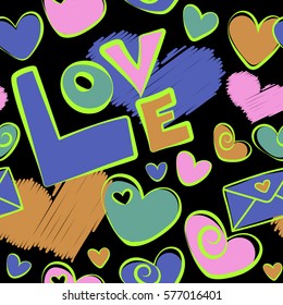 Valentines day background. Creative Valentine style seamless pattern on black background. Seamless hearts pattern in pink and blue colors. Print card, clothing, wrapper, web, cover, gift, invitation.