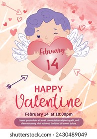 Valentine's day background. Cupid hugging heart. Invitation for the day of love and friendship