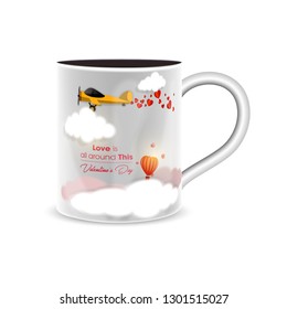 Valentines Day background with cups, hearts and rose flowers - Vector