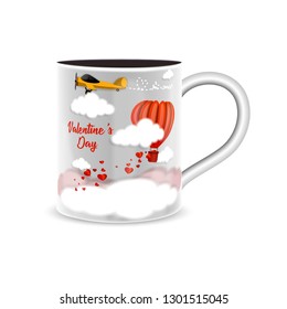 Valentines Day background with cups, hearts and rose flowers - Vector
