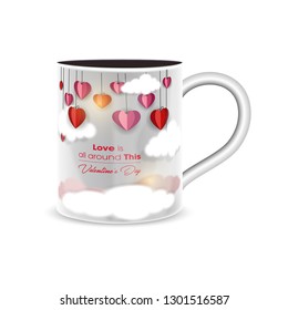 Valentines Day background with cups, hearts and rose flowers - Vectors