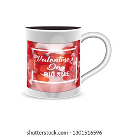 Valentines Day background with cups, hearts and rose flowers - Vectors