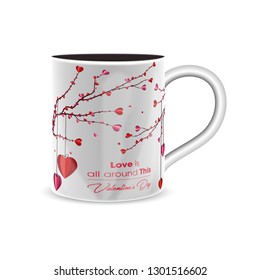Valentines Day background with cups, hearts and rose flowers - Vectors