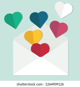 Valentine's day background with cut paper hearts in envelope. Vector illustration.