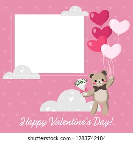 Valentine's day background of cute bear hold a group of heart shape balloons and a bouquet of flowers floating in pink sky and cloud with cute tiny hearts, Happy Valentine's Day! text and white frame