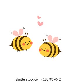 Valentine's day background with  cute bee cartoon and heart sign symbol on white background vector illustration.