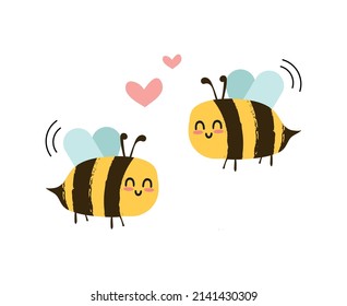 Valentine's day background with cute bee cartoon and heart sign symbol on white background vector illustration.