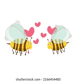 Valentine's day background with cute bee cartoon and heart sign symbol on white background vector illustration. Love Bees