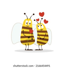 Valentine's day background with cute bee cartoon and heart sign symbol on white background vector illustration. Love Bees