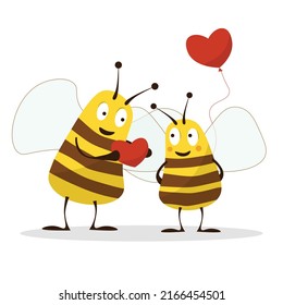 Antecedentes del día de San Valentín con tira cómica de abejas y símbolo de signos cardíacos en ilustración vectorial de fondo blanco. Abejas de amor